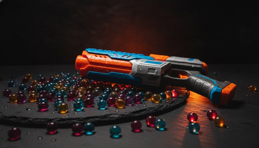 Gel blaster toy and water gel beads on a dark surface