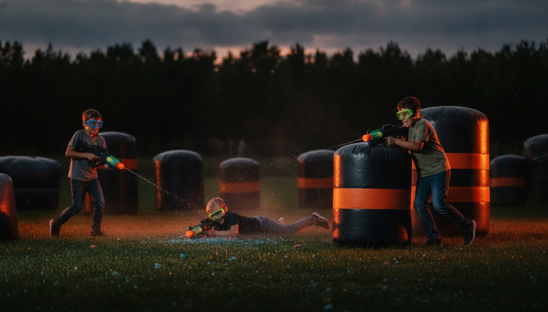 Kids playing gel blaster party games behind inflatable bunkers