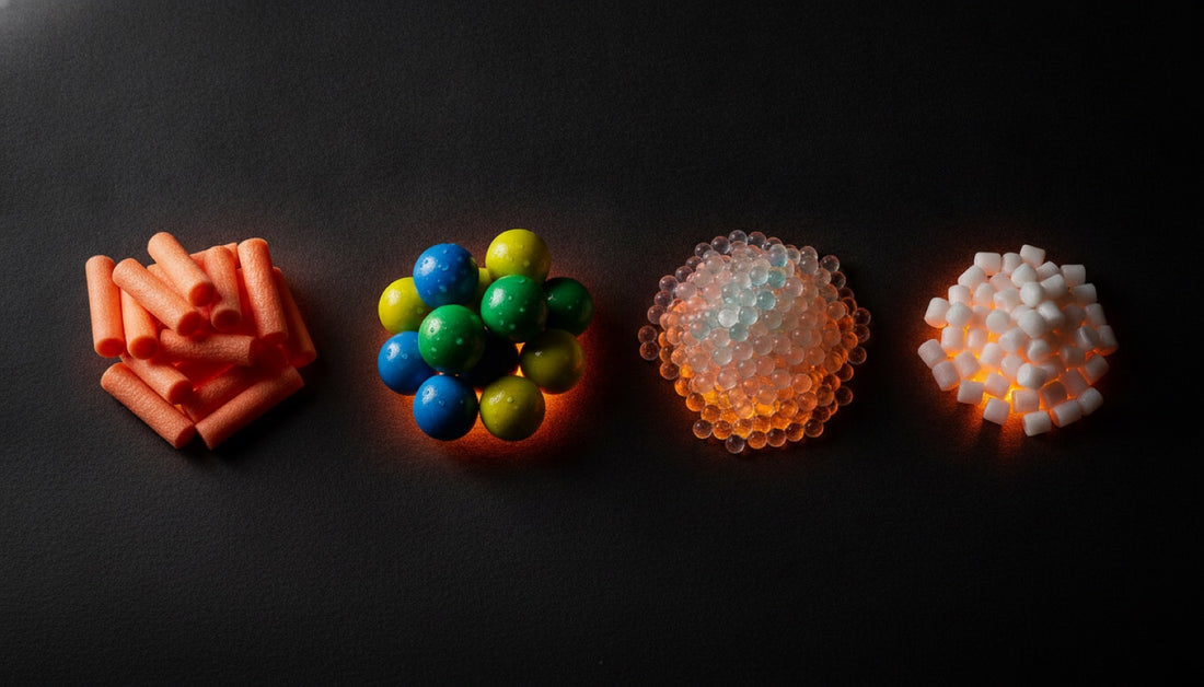 Foam darts, paintballs, gel beads, and airsoft BBs compared side by side