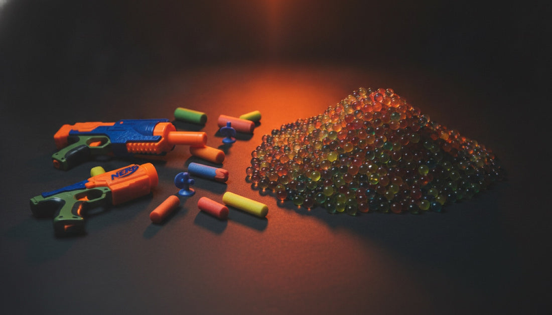 Foam darts and gel blaster water beads side by side