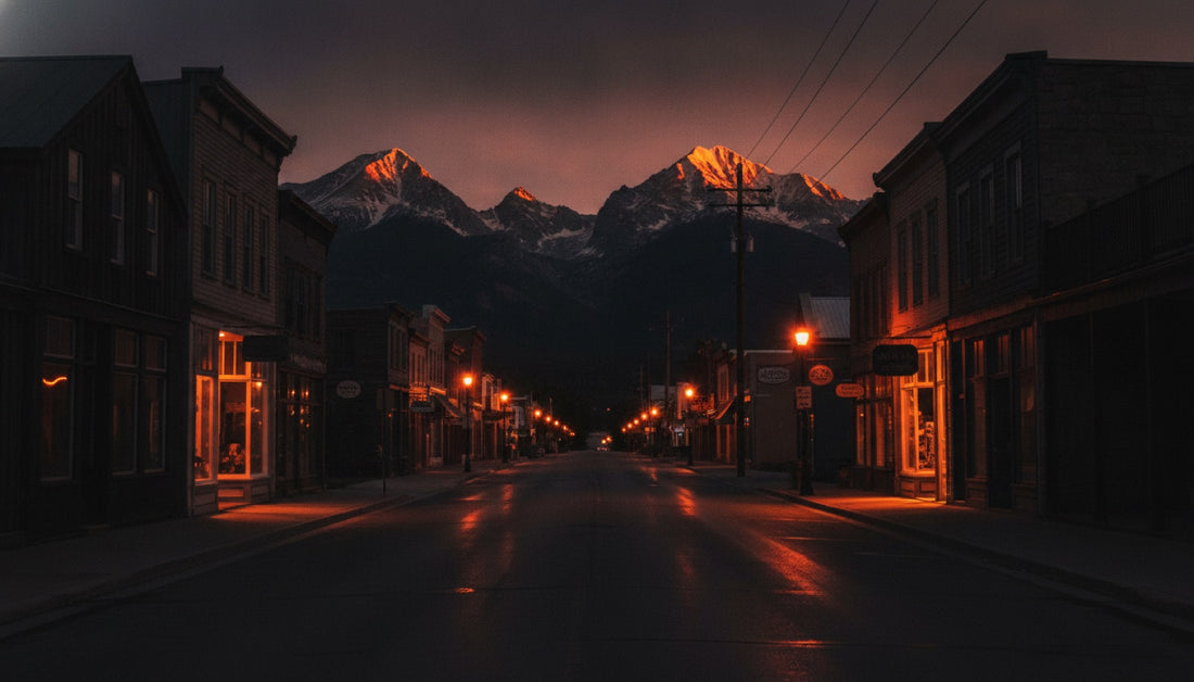 Downtown Parker Colorado at golden hour with mountain views
