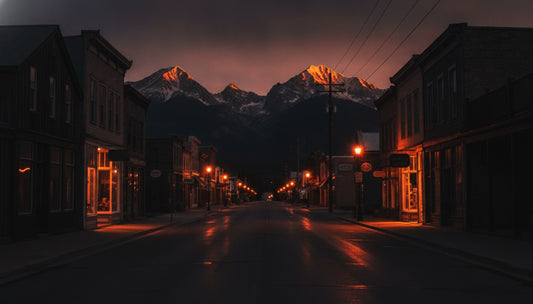 Downtown Parker Colorado at golden hour with mountain views