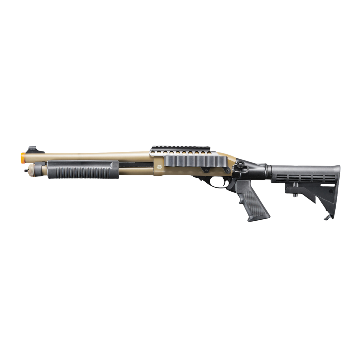 Golden Eagle M8873 3/6-Shot Pump Action Gas Airsoft Shotgun w/ Optic Rail & M4 Crane Stock - (Black)