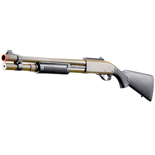 Golden Eagle M870 3/6-Shot Pump Action Gas Airsoft Shotgun w/ Mock Shell Tube & Ghost Ring Iron Sights