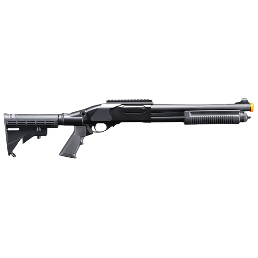 Golden Eagle M8873 3/6-Shot Pump Action Gas Airsoft Shotgun w/ Optic Rail & M4 Crane Stock - (Black)